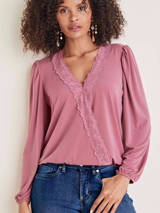 VENUS Tops - VENUS Faux Wrap Lace Trim Blouse - Heather Rose NEW